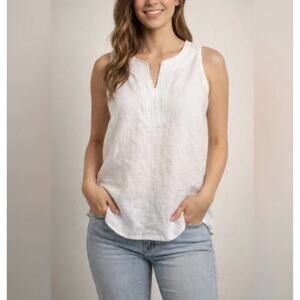 Talbots Womens L White Linen Split Neck Sleeveless Tunic Blouse Casual Top